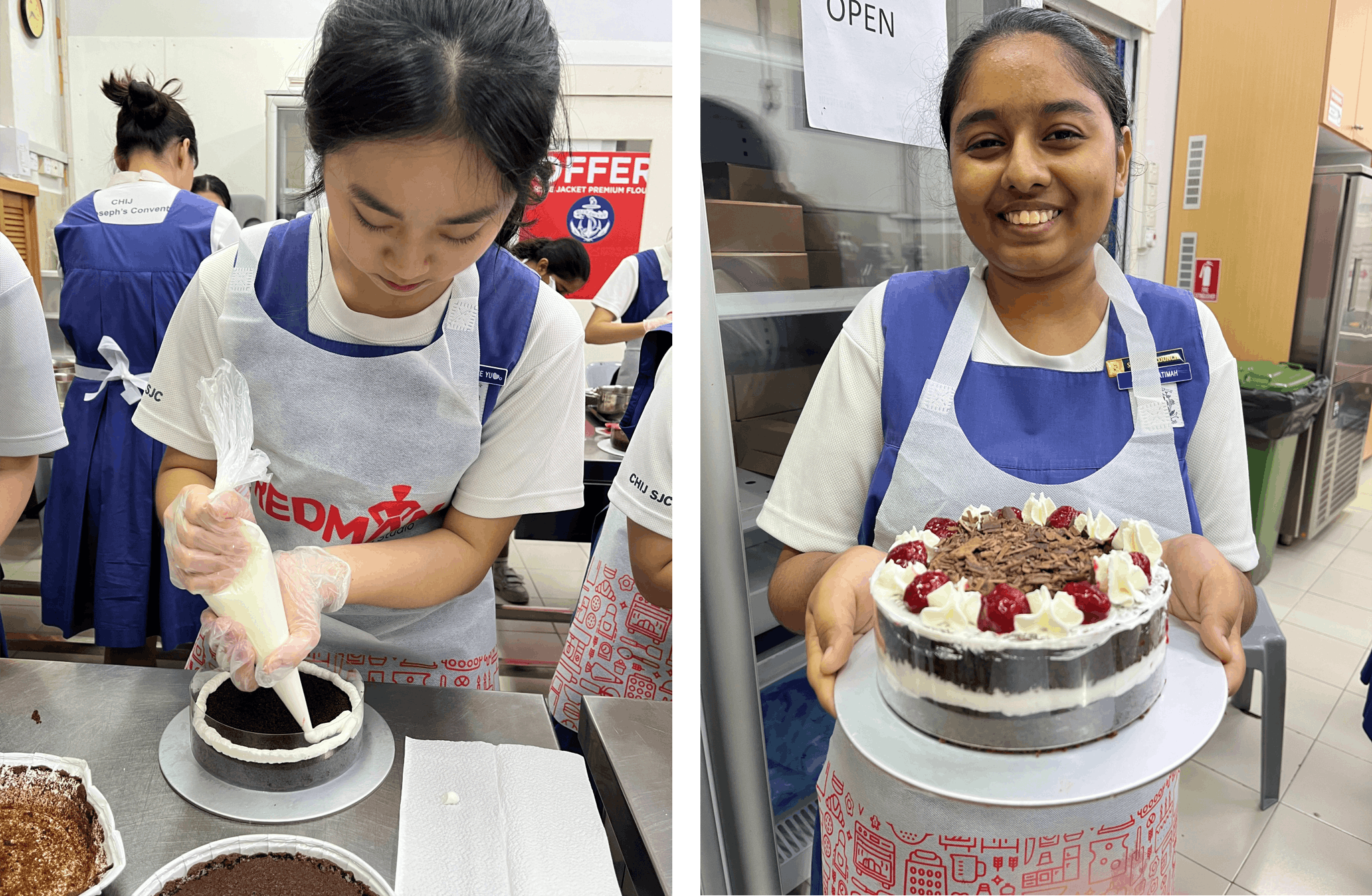 Picture of student applying icing on a cake (left) and a student proudly showing off her completed cake (right)